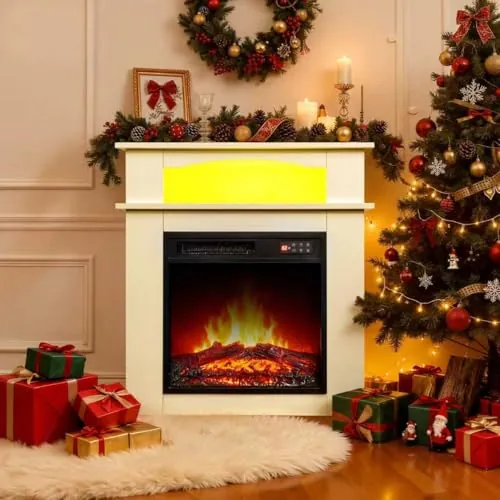 HOMAVO 18" Chimenea Eléctrica con Calefacción, 900W/1800W Chimenea Decorativa, 7 Colores de Llama 3D, Tira de LED, Control Remoto, Protección Sobrecarga, Temporizador, Incluido Mueble Chimenea