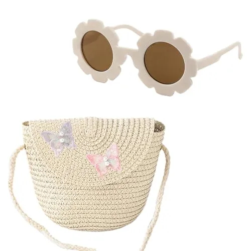 1 Bolso De Hombro De Paja De Mariposa con 1 Gafas De Sol En Forma De Flor, Bolso De Paja para Niñas, Mini Bolso De Hombro para Niños, Lindo Bolso De Almacenamiento Pequeño