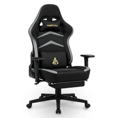 Andyou Silla Gaming Ergonomica con Reposapiés-Oficina Escritorio, Tejido Suédé, Respaldo 90-155°, Brazos 3D Regulables, Función Bascule, hasta 200 kg, Negro