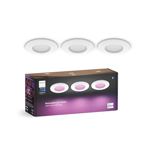Philips Hue Downlights Slim (Pack de 3un), Tira LED, 90 mm, luz blanca y de color, compatible con Bluetooth, control por voz con Alexa, Apple Home y Google Assistant, en blanco