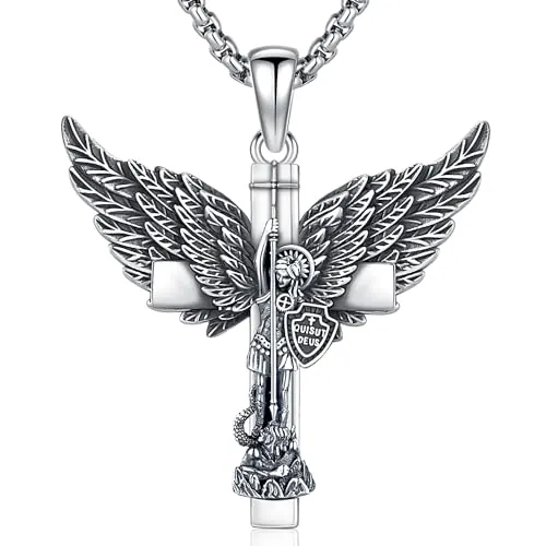 Friggem Collar San Miguel, Colgante cruz Arcángel Miguel de plata de ley 925 y Collares Religiosos, Joyería Amuleto Regalos para hombre y mujer