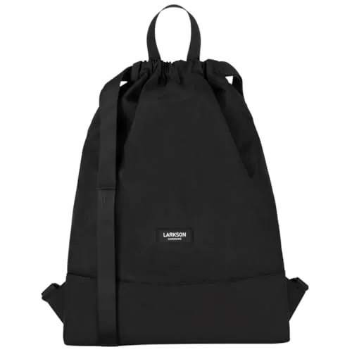LARKSON Bolso de Deporte para Hombre y Mujer Negro - No 7 - Bolsa para niños con Cordón - Mochila pequeña de tela para el Gimnasio - Material reciclado