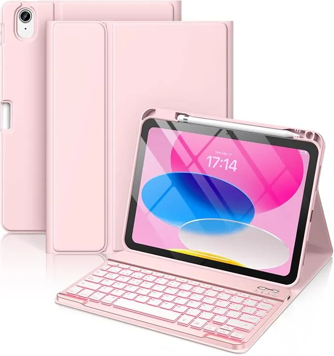Vobafe Teclado for iPad 10 Generación 2022/11 Generación A16 2025 (10.9/11 Pulgada), QWERTY Español Ñ, Retroiluminado de 7 Colores Bluetooth Magnéticamente Teclado para iPad 10/11 Gen, Rosa Claro