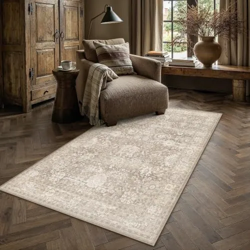 PureCozy Beige Alfombra Salon 120x170cm Habitacion Alfombras | Lavable, Antideslizante, Carpet, Vintage, Tapete, Dormitorio, Sala, Comedor, Oficina, Pelo Corto