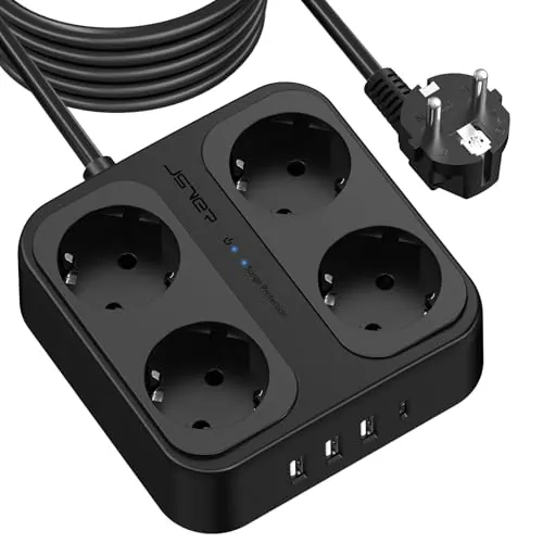 JSVER Regleta Enchufe 5M con 4 Tomas con 3USB A y 1 USB C (5 V/3,4 A),Protección contra Sobretensiones para el hogar, la Oficina y los Viajes Cable 5m-Blanco
