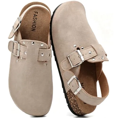 Otoepazm Zuecos Mujer Hombre Mules Unisex de Ante con Remaches Plantilla de Corcho, Sandalias Correa Trasera Regulable con Hebilla Ajustable, Zapatos Antideslizantes Cómodos para Interior Exterior