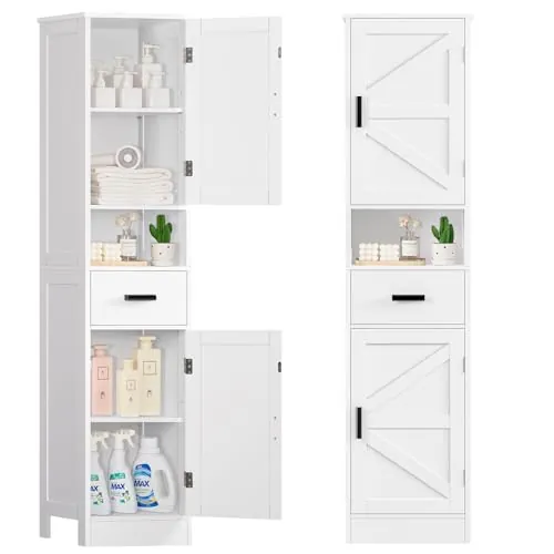 TEENFON 170 cm Mueble Baño Estrecho de 40 cm, Armario Baño Alto con 2 Puertas en Flecha & 1 Cajón, Columna Baño con Estantes Ajustables & Compartimento, para Baño, Cocina y Salón, 40x30x170 cm, Blanco