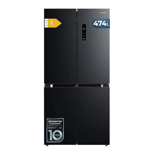 Cecotec Frigorífico 4 Puertas Total No Frost de 474L Bolero CoolMarket 4D 474 Dark E. 177,5cm de Alto, 83,3 cm de Ancho, Clase E, Ultra Silencioso, Iluminación LED, Compresor Inverter Plus, Inox Negro