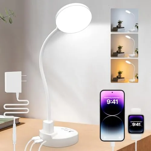 ZAPLIT Lámpara de escritorio LED de 15W con USB-A y USB-C – Regulable, 3 temperaturas de color, 5 niveles de brillo, 4 temporizadores, cuello de cisne flexible de 360°, protección de los ojos