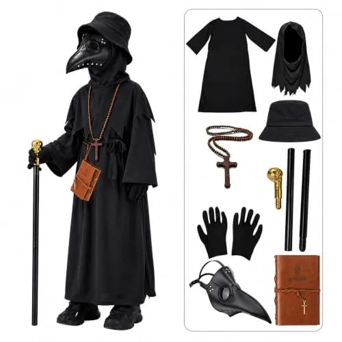 Lubolee Disfraz de Médico de la Peste Para Niño, Disfraces Halloween Niño con Máscara de Cuero, Hat, Guantes, Collar de Madera, Cuaderno y Bastón - Disfraz Halloween Para 8 en 1 (8-10 años)