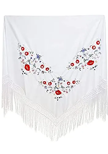 Carnavalife Mantón con Bordados de Sevillana para Fiesta de Baile, Flamenco y Ferias, Color Negro Rojo y Blanco (Blanco, Grande)