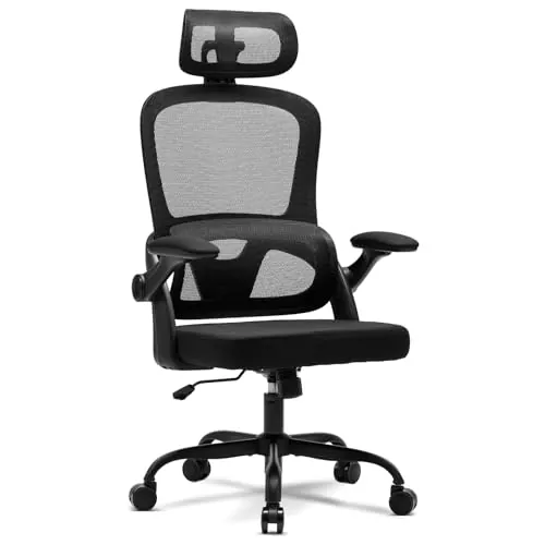Magic Life Silla de Oficina ergonómica con cojín elástico, Respaldo de Malla Transpirable, reposabrazos Plegables, Soporte Lumbar, Altura Ajustable, Silla de Escritorio para Oficina y hogar
