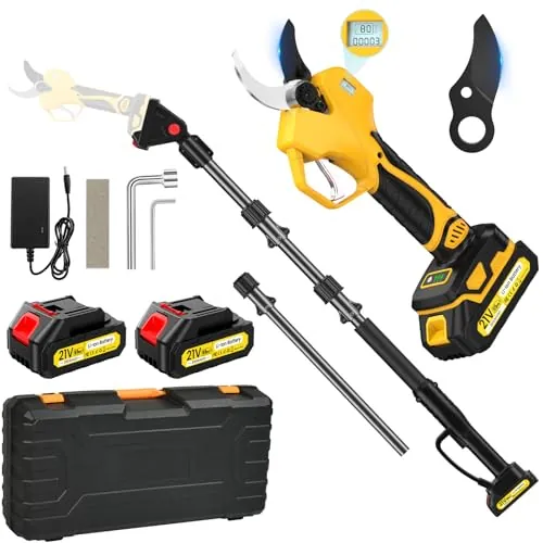 Tijeras De Podar Electricas, 50mm Tijeras De Podar Bateria, Con varilla de extensión, pantalla, motor sin escobillas de 1000 W, 2 baterías de 2000 mAh, Duración de la batería de 4 a 8 horas