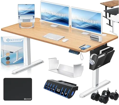KESSER® Escritorio eléctrico Regulable en Altura, Escritorio Ergonómico de Bipedestación, Control de Memoria de 3 Funciones, Incl. Ruedas de 360° y Puerto de Carga USB, 140x70 cm - Beige