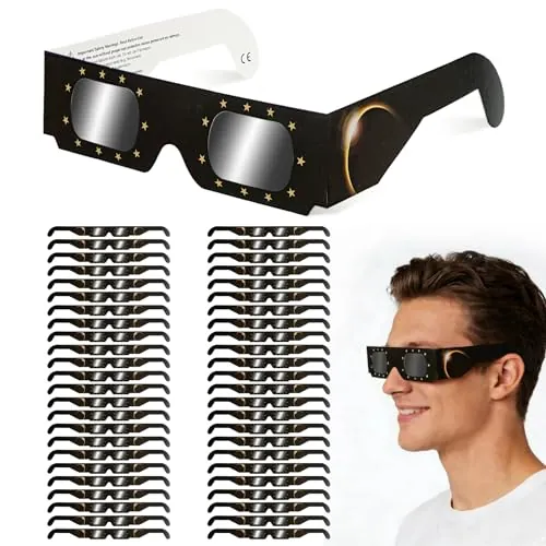 QIWEI Gafas para Eclipse Solar QW-SOZ3 [Pack de 50], Certificadas EN ISO 12312-2, Visores Solares Seguros para Observación Directa del Sol, Filtros de Alta Definición