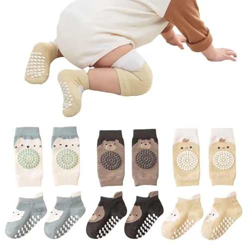 Mezrkuwr 3 pares de rodilleras para bebés y 3 pares de calcetines para bebés Juego de gateo para bebés, antideslizantes con puntos de goma, almohadillas para gatear, puños