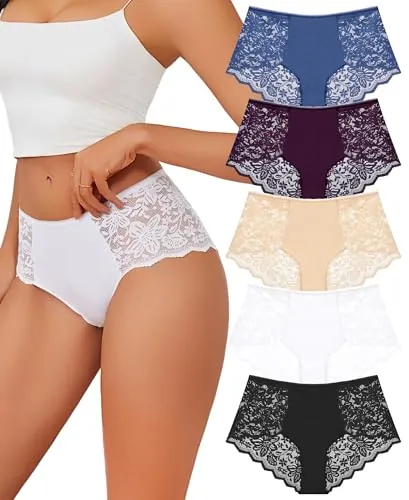 Sth Big Braguitas de Encaje de Cintura Alta para Mujer Bragas de Talle Alto con Encaje Trasero Cómodas y Transpirables Panel Delantero de Algodón Ropa Interior Mujer Elegante y Suave(L)