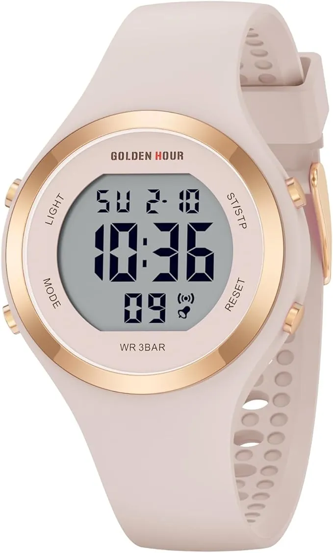 GOLDEN HOUR Reloj Digital Mujer, Resistente al Agua hasta 5 ATM, Deportivo, cronógrafo, Correa de Silicona, Reloj de Pulsera para Mujer con Fecha, Esfera Luminosa de fácil Lectura