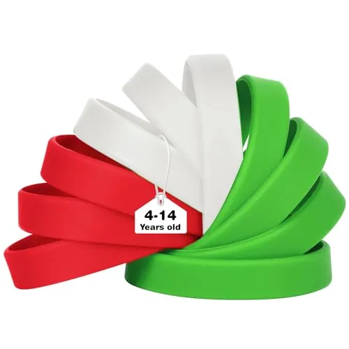 LVNRIDS 50 piezas Pulseras de Silicona Rojo/Verde/Blanco, 18 cm Pulseras Elásticas de Goma Reutilizables para Niños y Niñas, Pulseras Coloridas para Fiestas, Eventos, Festivales de Música, Deportes