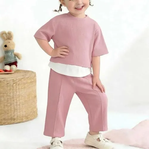 Conjunto de 2 piezas de manga corta con cuello redondo, dobladillo de bloque de color, cintura elástica, uso diario casual, Rosa, 18-24 meses