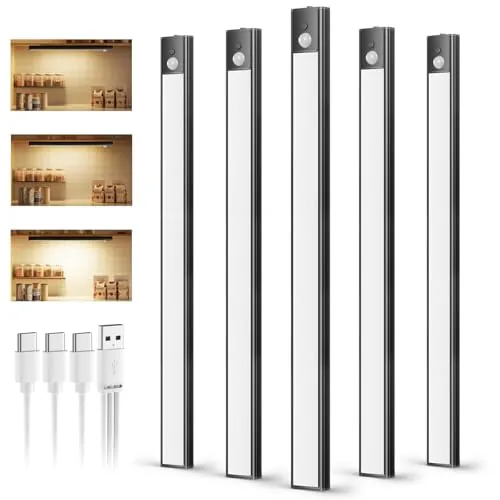 daphomeu 5 Pack Luces led Cocina Recargables,Luz Armario Sensor Movimiento Atenuable tipo C carga,Luz Sensor Movimiento Interior, Lampara Led para estantería, armario de escaleras