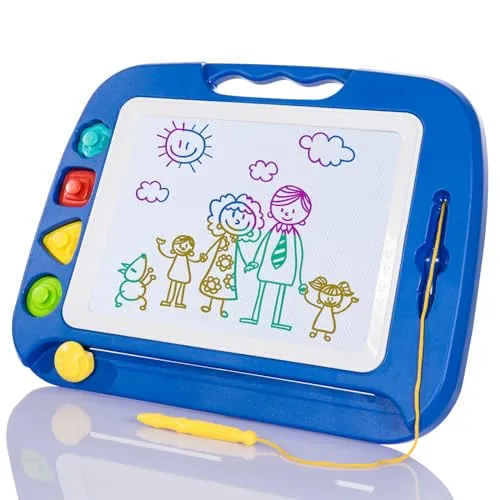 SGILE Pizarra Magnética Infantil Grande, Juguetes Pintura niños 1 a 4 Años | Tablero de Dibujo Borrable con 4 Sellos, Juguete Educativo de Viaje, Regalo de Cumpleaños para Niño y Niña, 32 x 42 cm, Azul