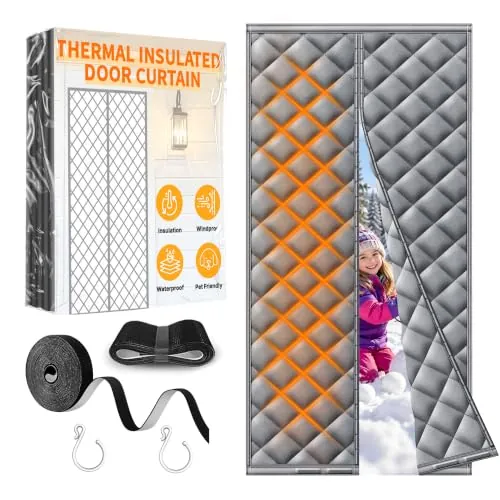 HOFUDON Cortina Termica puerta Magnética 90x200,Fuerte Cierre Magnético | Oxford Extra, Aislamiento Térmico Frío y Calor, Cortaviento, Impermeable, Fácil Instalación, Interior y Exterior, Gris