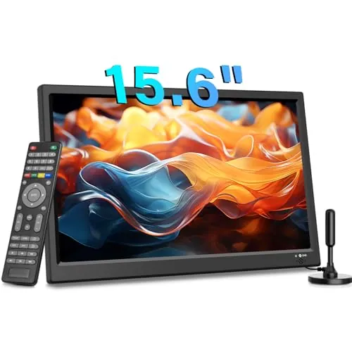 KCR TV digital portátil, TV DVB-T2 de 12 V, entradas HDMI/AV/USB, control remoto, compatible con cargador de coche de 12 V, 15.6 pulgadas, color negro
