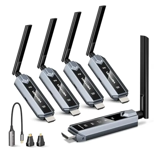 VENTION Transmisor y Receptor HDMI Inalámbrico 656FT con Pantalla LED y Control térmico, hasta 6 RXs, Plug & Play extiende señal 4K Desde PC/proyector/TV Box(1TX+4RX)