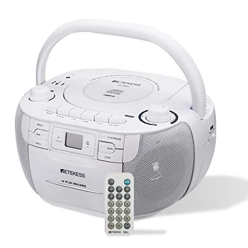 Retekess TR621 Radio CD Reproductor,Radio Cassette Portátil,Boombox Stereo,Radio FM Am,con Grabación,Soporte USB TF Auriculares,con Control Remoto,Acompañar a Familiares y Amigos(Blanco)