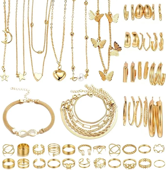JSTHHTT 46PCS Joyas de Mujer, Joyería, Bisuteria Mujer, Conjunto de Joyas de Oro Para Mujer, Gargantilla Dorada Mujer, Pulseras, Anillos de Nudillo, Pendiente, Joyería y Colgante para Mujeres, Oro
