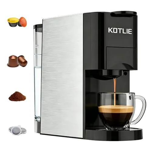 Expreso 4 en 1 Cafetera de Capsulas para Dolce Gusto/Nespresso Original/Ground/ESE Pods,19 Bar Alta Presión Apagado Automático Depósito Cafetera Capsulas (Negro) AC-513K