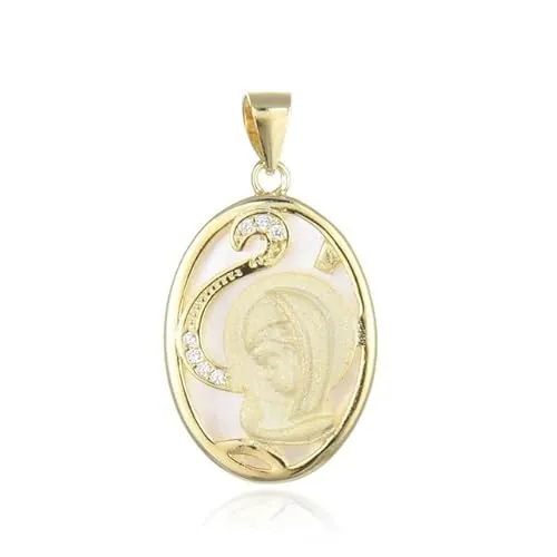 Minoplata Medalla ovalada Virgen Niña de Plata dorada lisa y matizada con Nácar y Circonitas