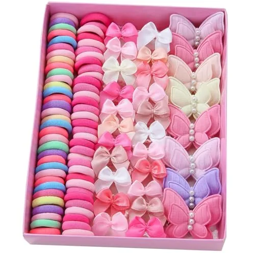 Juego de accesorios para el pelo para niñas, 230 piezas, pinzas para el pelo de mariposa y bandas elásticas, rosa y multicolor