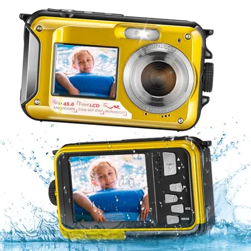 Reomdara Cámara Digital Impermeable, Cámara Submarina HD 2.7K 48MP con Doble Pantalla para Buceo 3M para Nadar, Zoom Digital 16X Anti-Vibración, Amarilla