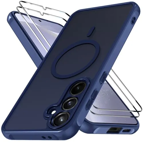 ivoler Funda Magnética para Samsung Galaxy S24 5G / S25 5G con 2 Piezas Cristal Templado, Compatible con MagSafe, Antigolpes Translúcida Mate Trasera Fina Silicona Anti-Choques Case, Azul Oscuro