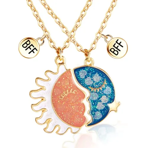 Hifot 2 Piezas Collares de la Amistad, Collares de Mejores Amigas para 2 Niña, Cadena de Oro Collar Media Luna y Sol, Luminoso Corazon Colgantes Mujer para Accesorios de Amistad