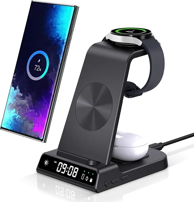 Cargador Inalámbrico para Samsung S25 Ultra, Estación de Carga Inalámbrica 3 en 1 para Galaxy S25/S24/S23/Z Flip 7/Fold 6, Base de Carga para Galaxy Watch 8/8 Classic/Ultra/7/6/5, Galaxy Buds 3/3 Pro