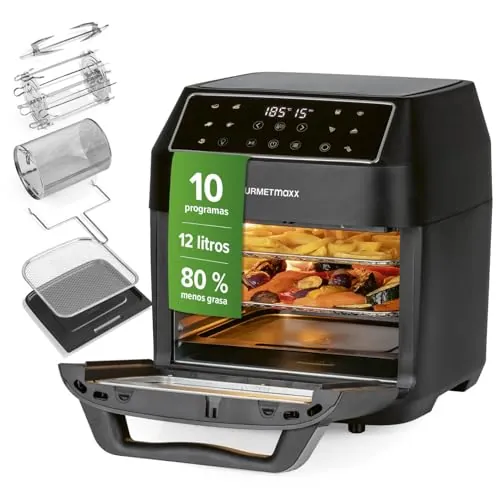 GOURMETmaxx freidora de aire caliente 12 L Airfryer | freidora con 9 funciones, pantalla táctil, pinchos giratorios y shashlik | 10 programas incl. pizza | mini horno 1700 W - prácticamente sin aceite