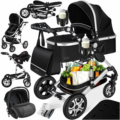KESSER® Loops 3 in 1 Stroller combo juego completo de sillas de paseo incl. Asiento deportivo para bañera y silla de paseo, neumáticos de caucho macizo, bolso cambiador