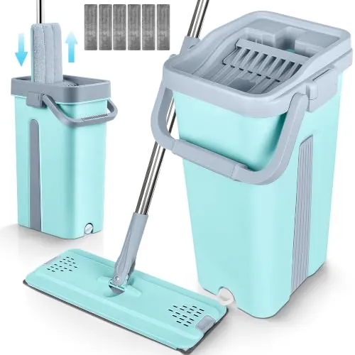 JUPPLIES Mopa Fregona con Cubo Escurridor Doble Compartimento 7,5 L – Sistema Giratorio con Mango Telescópico y Recambios de Microfibra para Suelos, Paredes y Azulejos (Verde, 6 Recambios)