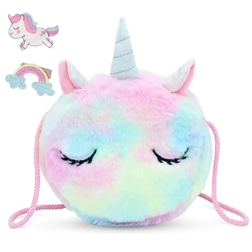 Voarge Bolso Bandolera Unicornios para Niñas, Bolso Pequeño de Felpa, Bolso de Hombro para Niñas Pequeñas, Bolso Mochila Unicornio Niña, Rosado azul