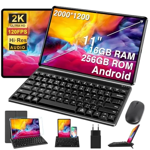Tablet 11 Pulgadas Android 16 GB RAM + 256 GB ROM+TF 2TB, 2K Octa-Core, 8600 mAh, 5G WiFi, GPS, BT 5.0, 13 MP+5 MP, Type-C, Cuerpo de Metal, con Funda, Teclado y ratón-Gris