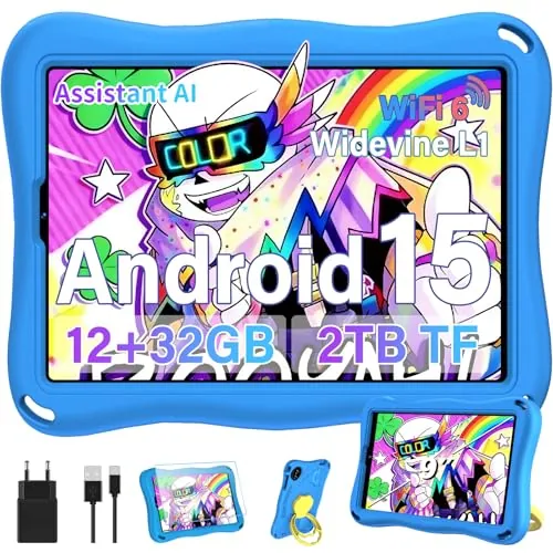 Tablet para niños 9" Android15 Gemini AI 32GB+2TB TF Face ID Funda EVA Azul