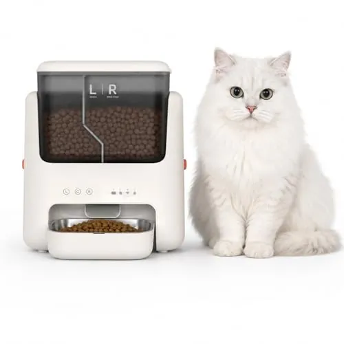 Comedero Automático para Gatos con Dos Depósitos, Dispensador de Comida para Mascotas 5L, Control por App, Alimentación Programable, LED y Bloqueo Infantil