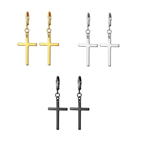Ryaupy Conjunto de 3 Pares de Pendientes de Cruz - Aros de Acero Inoxidable con Colgante - Joyería Cruzada para Hombres y Mujeres - Regalo en Oro, Plata y Negro