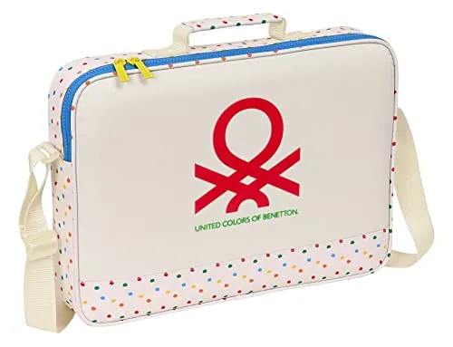 BENETTON Topitos - Cartera Extraescolares, Maletín Portatodo, Bandolera, Cómoda y Versátil, Calidad y Resistencia, 38x6x28 cm, Color Blanco roto