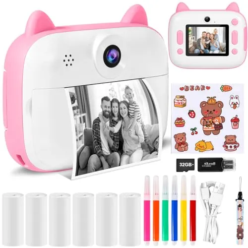 Cámara instantánea para niños, 12 MP, pantalla de 2,4 pulgadas, cámara instantánea con tarjeta de 32 G, papel de impresión y lápices de colores, cámara 1080P para niños de impresión instantánea,