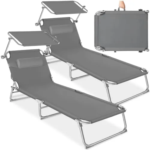 tectake® Set de 2 Tumbonas 190x68x111 cm, Plegable, Ajustable en 4 Posiciones, Resistente a Intemperie, Transpirable, con Toldo, Reposacabezas y Asa de Transporte, para Jardín y Piscina - Gris