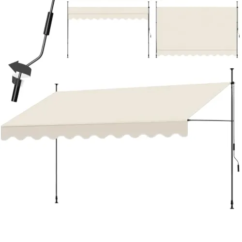 tectake® Toldo Terraza Manual Regulable en Altura con Manivela, Balcón sin Taladros, Toldo Extensible Terraza, Resistente a Rayos UV, Protección Solar y Repelente al Agua - 400 cm - Beige